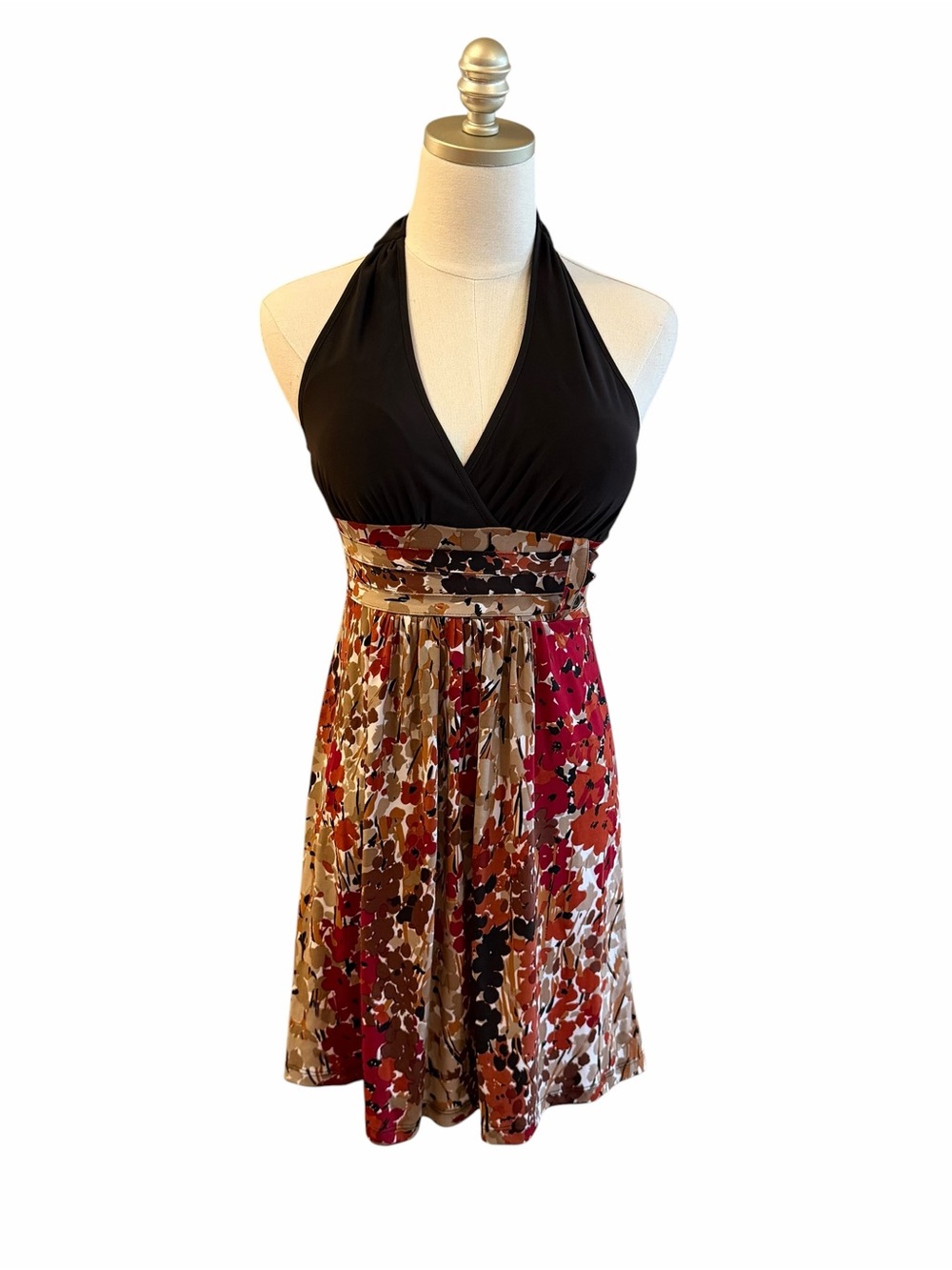 Vintage Y2K Womens Babydoll Halter Dress Size S Fairy Brown Floral Empire Waist